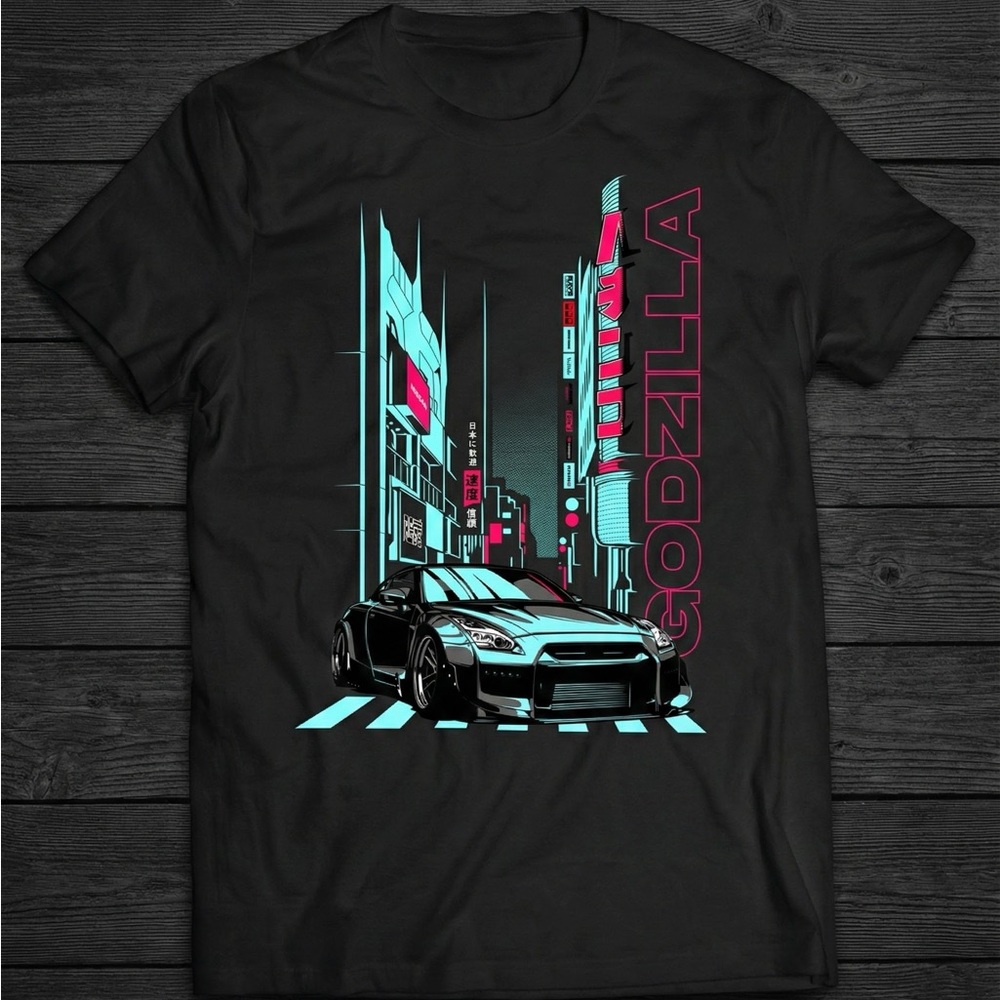 Gildan Black Graphic Tee with Car and City Design